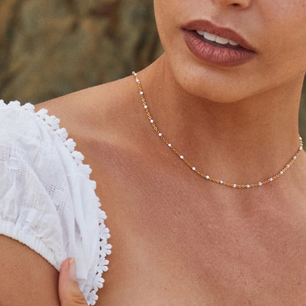 Atolea White Beaded Gold Choker Necklace